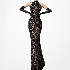 Vintage Brown Black Semi Sheer Knit Bodycon Maxi Cocktail Formal Dress Size XS/S